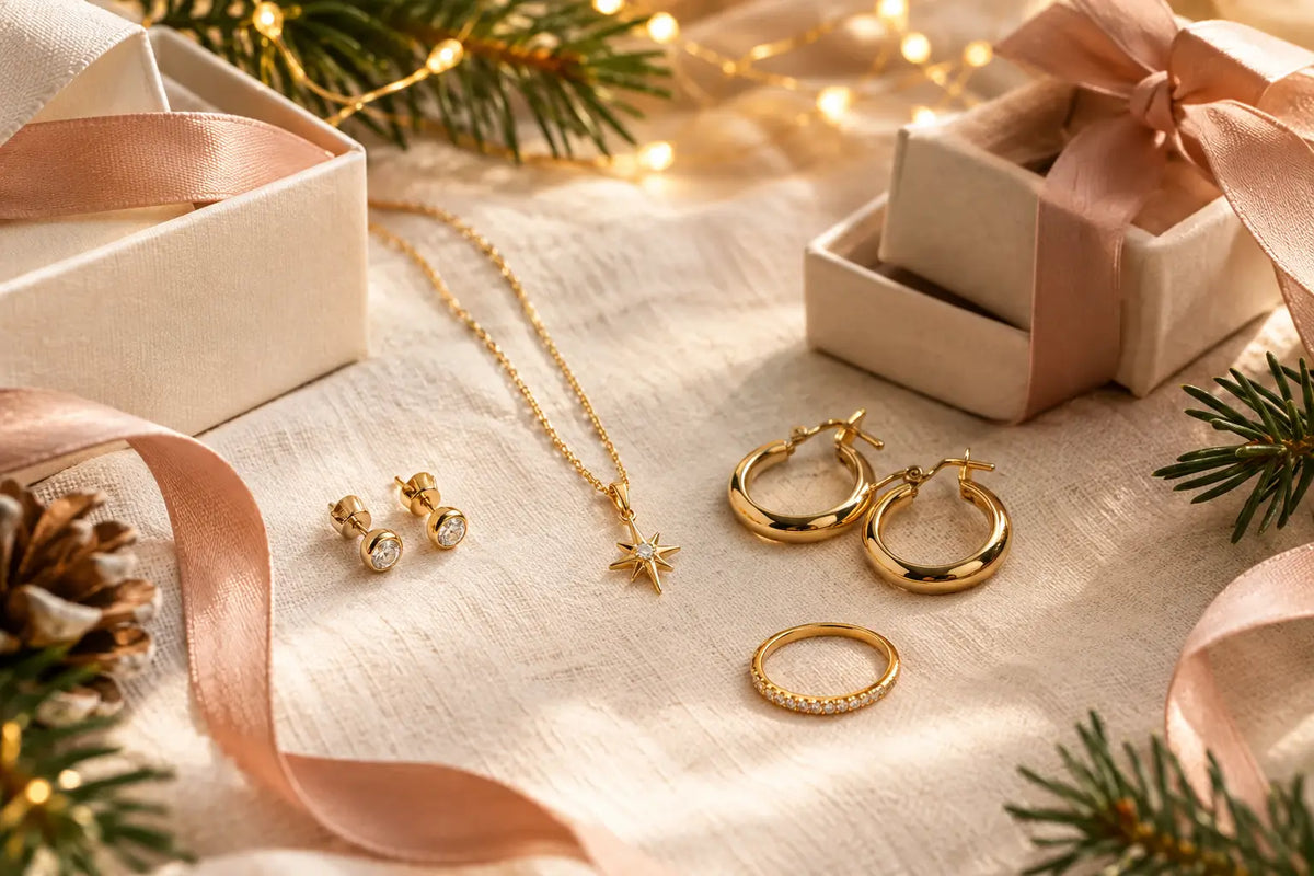 Gold jewelry gifts under $100 arranged with holiday gift boxes 